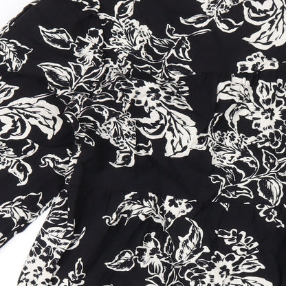 Marks and Spencer Womens Black Floral Cotton A-Line Size 10 Round Neck Button