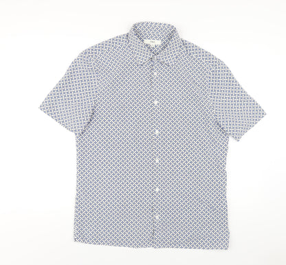 Marks and Spencer Mens Blue Geometric Polyester Button-Up Size M Collared Button