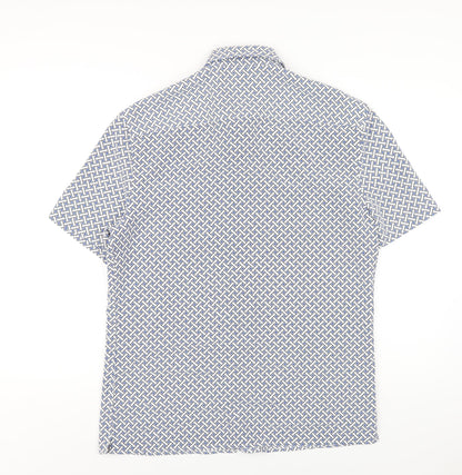 Marks and Spencer Mens Blue Geometric Polyester Button-Up Size M Collared Button