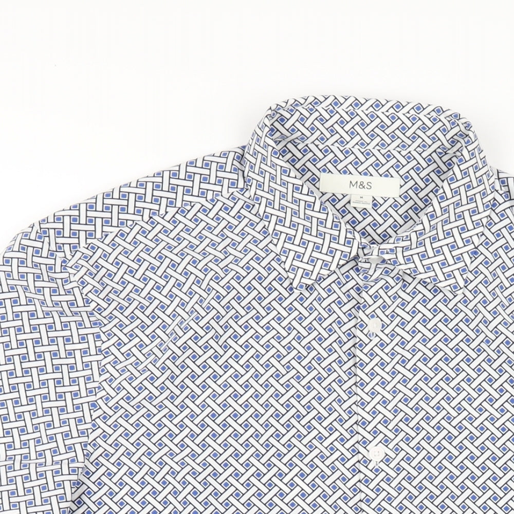Marks and Spencer Mens Blue Geometric Polyester Button-Up Size M Collared Button