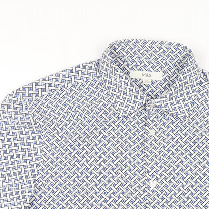 Marks and Spencer Mens Blue Geometric Polyester Button-Up Size M Collared Button