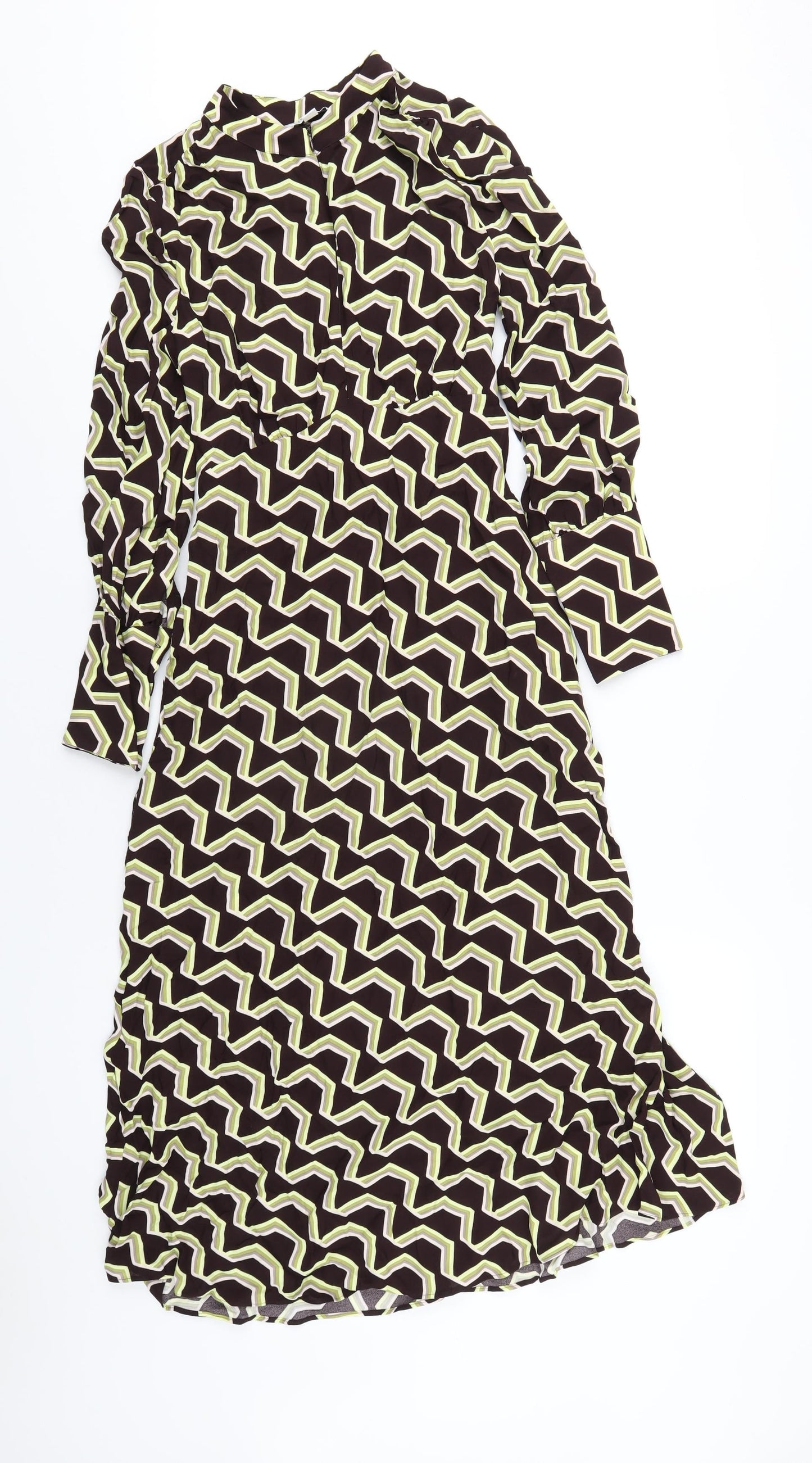 Marks and Spencer Womens Brown Geometric Viscose A-Line Size 8 Round Neck Zip