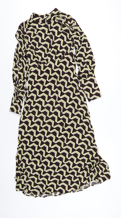 Marks and Spencer Womens Brown Geometric Viscose A-Line Size 8 Round Neck Zip