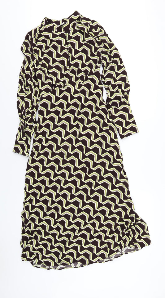Marks and Spencer Womens Brown Geometric Viscose A-Line Size 8 Round Neck Zip