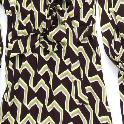 Marks and Spencer Womens Brown Geometric Viscose A-Line Size 8 Round Neck Zip