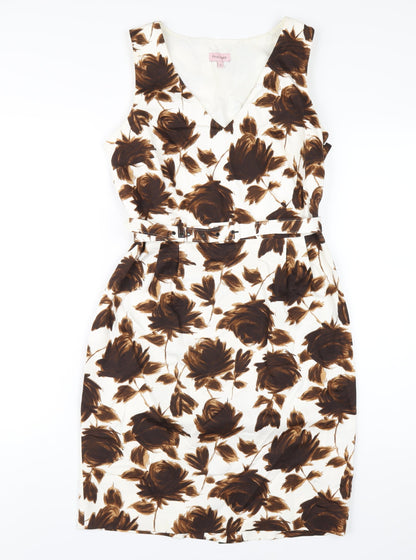 Phase Eight Womens Brown Floral Cotton Pencil Dress Size 10 V-Neck Zip