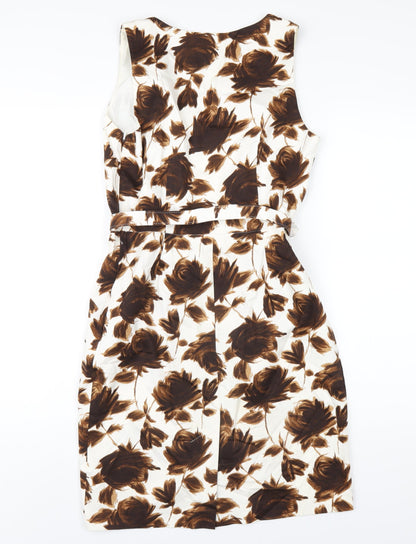 Phase Eight Womens Brown Floral Cotton Pencil Dress Size 10 V-Neck Zip