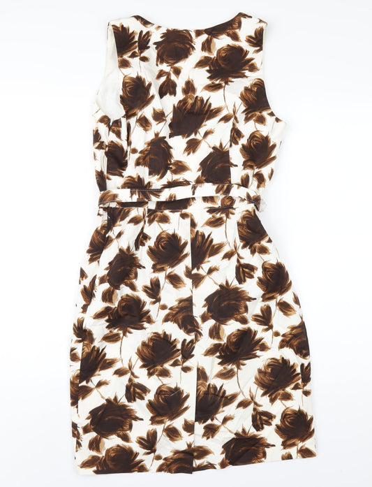 Phase Eight Womens Brown Floral Cotton Pencil Dress Size 10 V-Neck Zip
