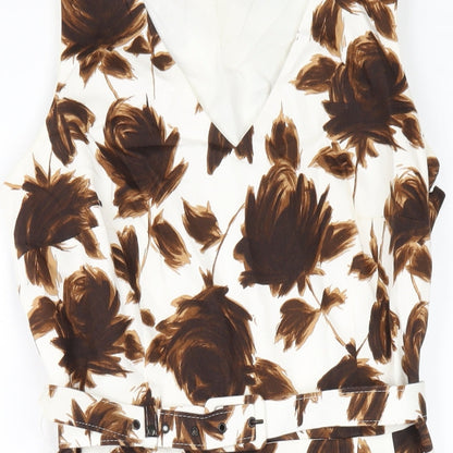 Phase Eight Womens Brown Floral Cotton Pencil Dress Size 10 V-Neck Zip