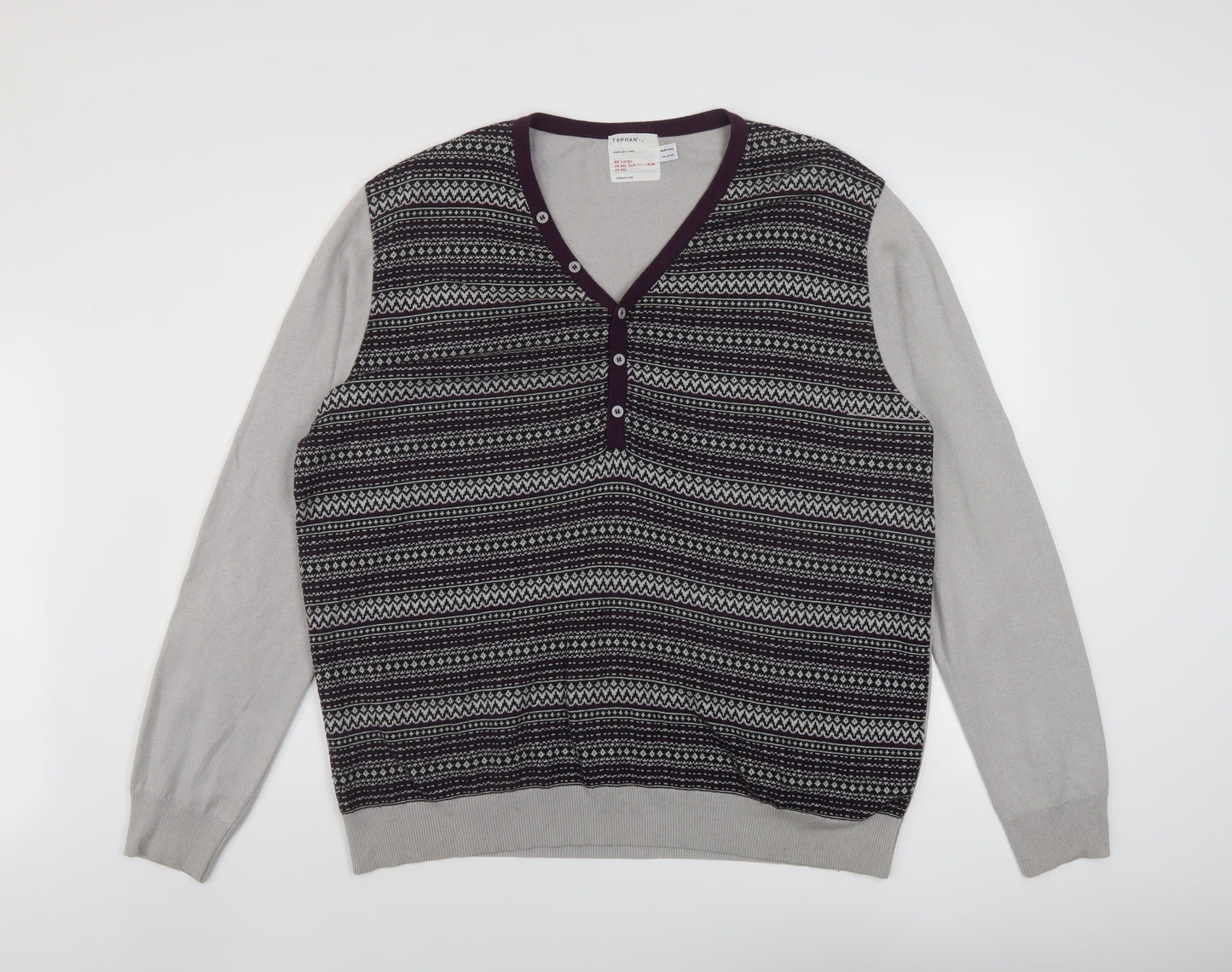 Topman Mens Green V-Neck Geometric Cotton Pullover Jumper Size 2XL Long Sleeve