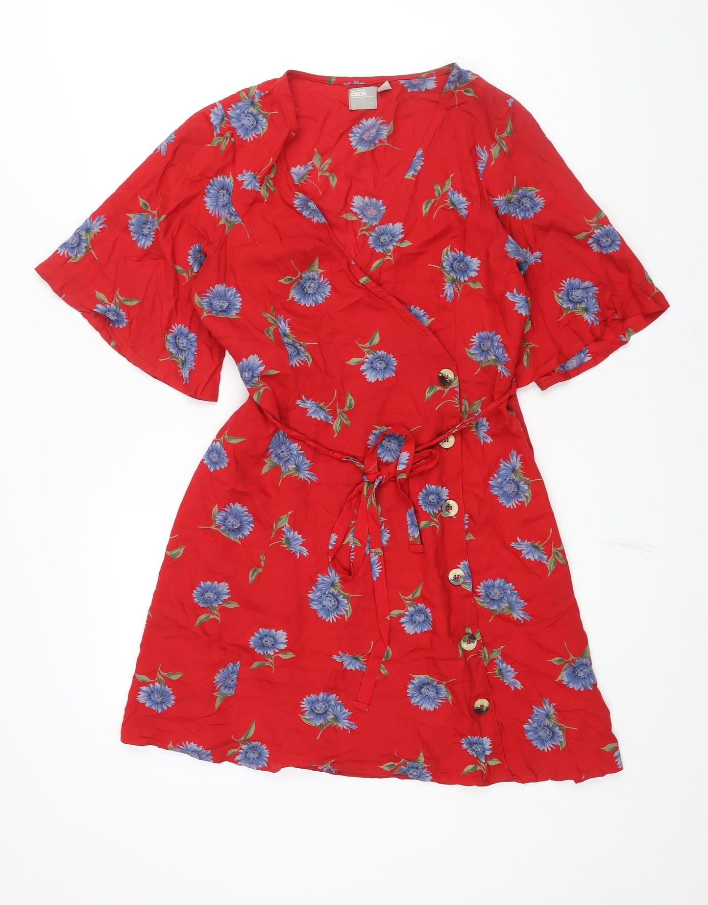 ASOS Womens Red Floral Viscose Wrap Dress Size 10 V-Neck Tie - Belted