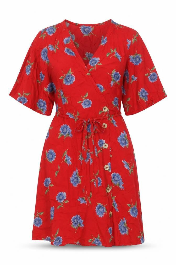 Front view of ASOS women’s red floral viscose wrap dress, size UK 10, v-neck tie - belted