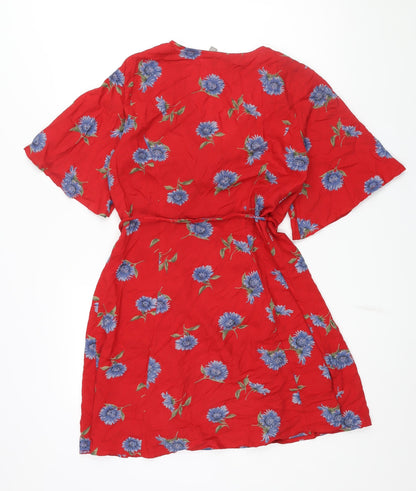 ASOS Womens Red Floral Viscose Wrap Dress Size 10 V-Neck Tie - Belted