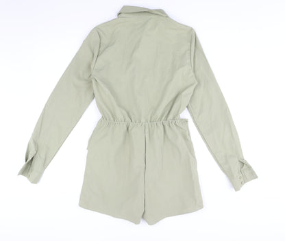 PRETTYLITTLETHING Womens Green Polyester Playsuit One-Piece Size 8 Button - Wrap Detail