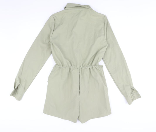 PRETTYLITTLETHING Womens Green Polyester Playsuit One-Piece Size 8 Button - Wrap Detail
