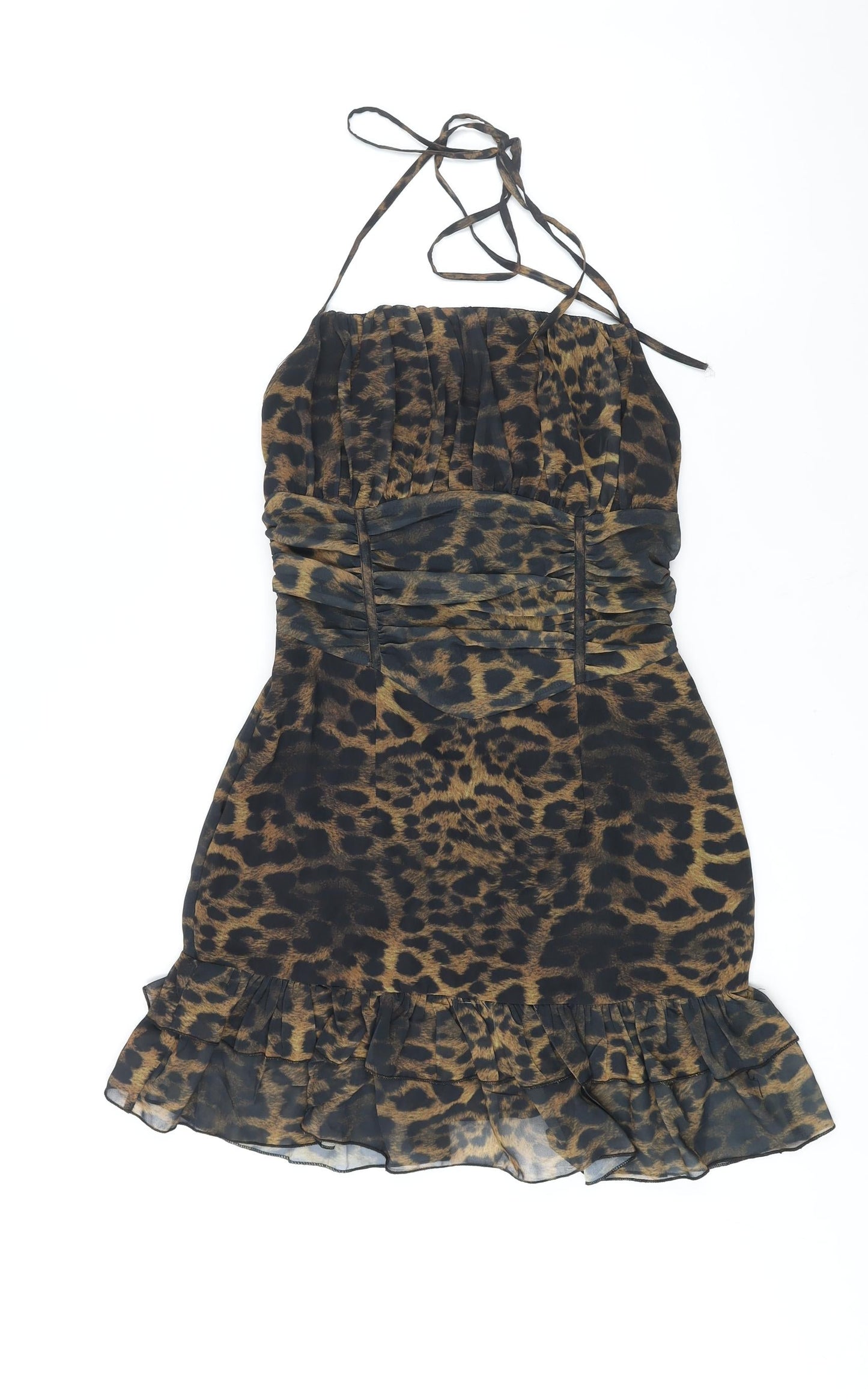 PRETTYLITTLETHING Womens Brown Animal Print Polyester Shift Size 6 Halter Zip - Frill Rouched Leopard Print