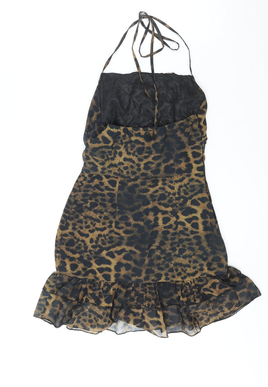 PRETTYLITTLETHING Womens Brown Animal Print Polyester Shift Size 6 Halter Zip - Frill Rouched Leopard Print