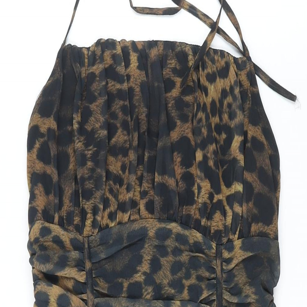 PRETTYLITTLETHING Womens Brown Animal Print Polyester Shift Size 6 Halter Zip - Frill Rouched Leopard Print