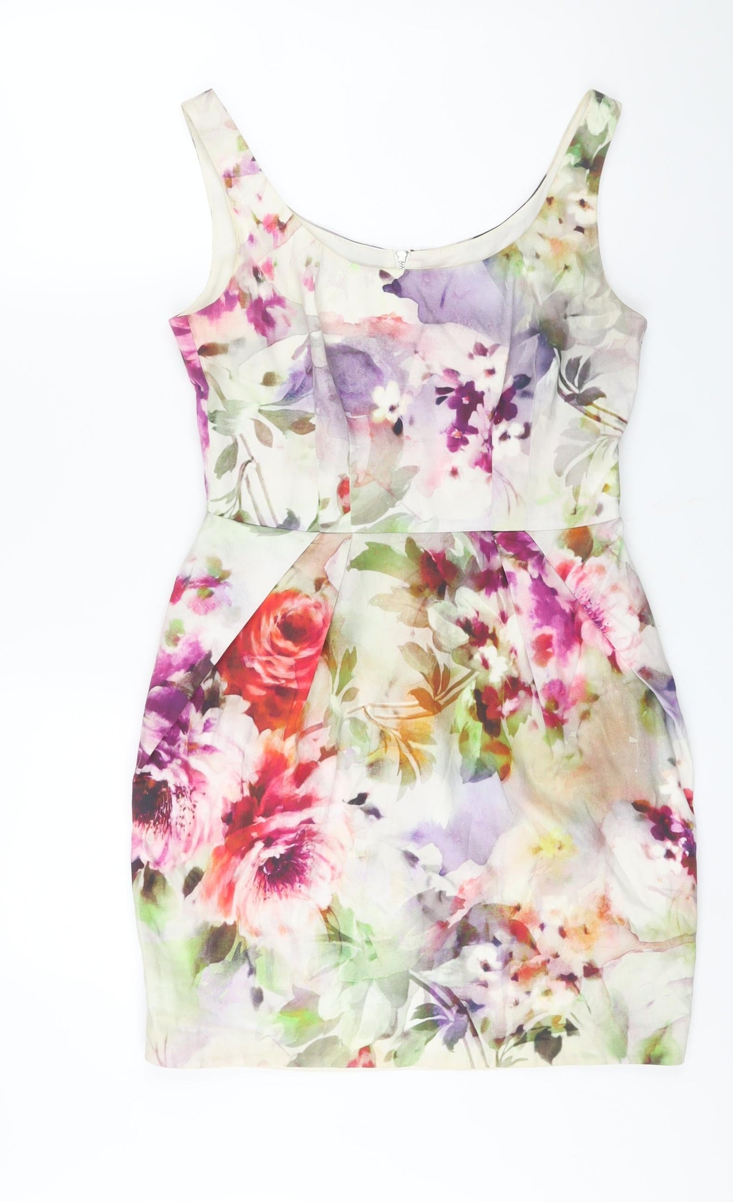 Oasis Womens Multicoloured Floral Cotton Shift Size 12 Scoop Neck Zip