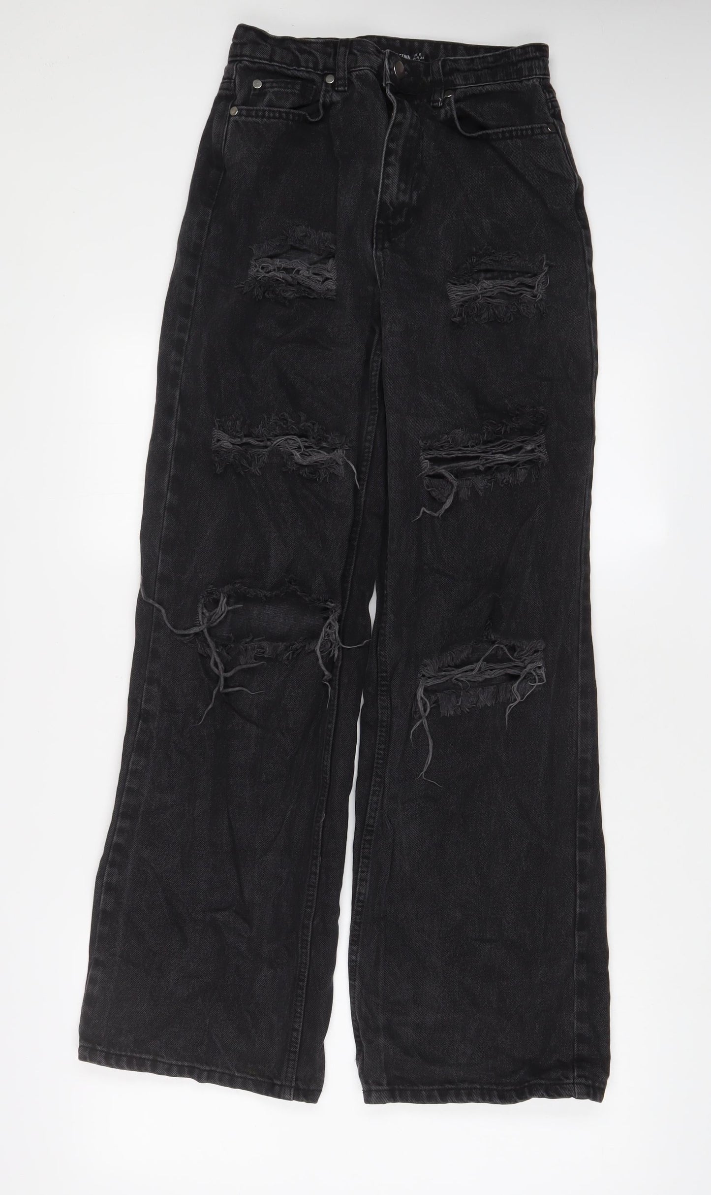 PRETTYLITTLETHING Womens Black Cotton Wide-Leg Jeans Size 6 L32 in Regular Zip