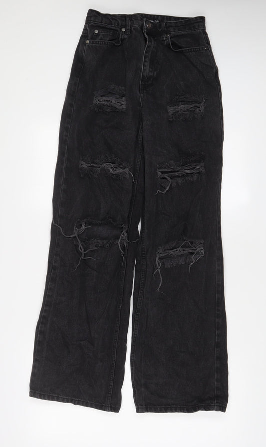 PRETTYLITTLETHING Womens Black Cotton Wide-Leg Jeans Size 6 L32 in Regular Zip