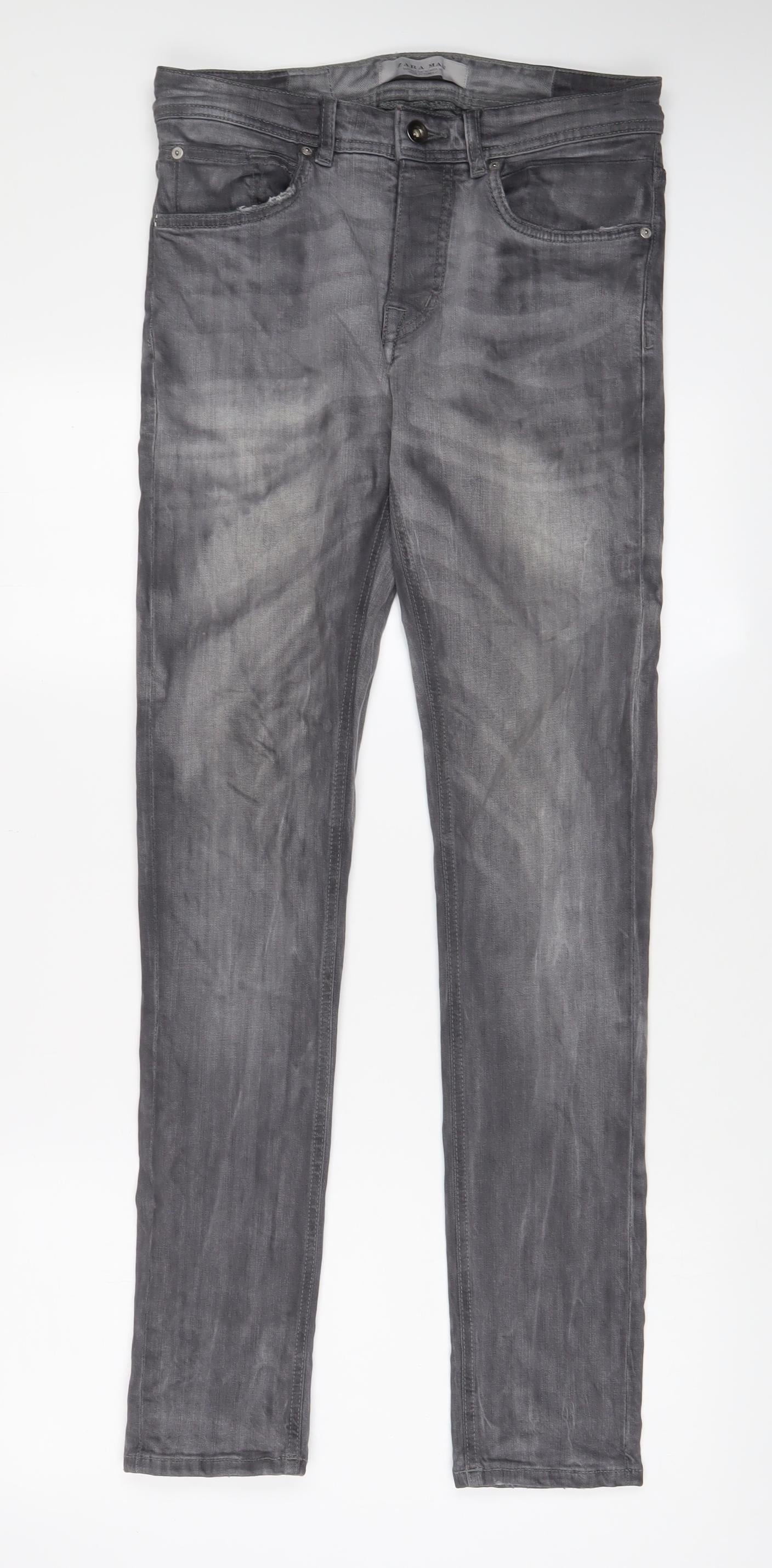 Zara Mens Grey Cotton Skinny Jeans Size 33 in L32 in Regular Button