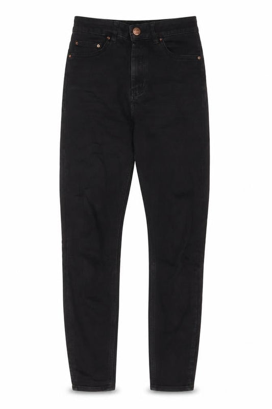 Front view of ASOS women’s black cotton skinny jeans, size UK 28, in, 32-inch leg regular zip