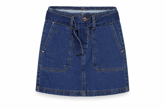 Front view of Denim & Co. girls’ blue cotton a-line skirt, size 9-10, years regular zip - belted