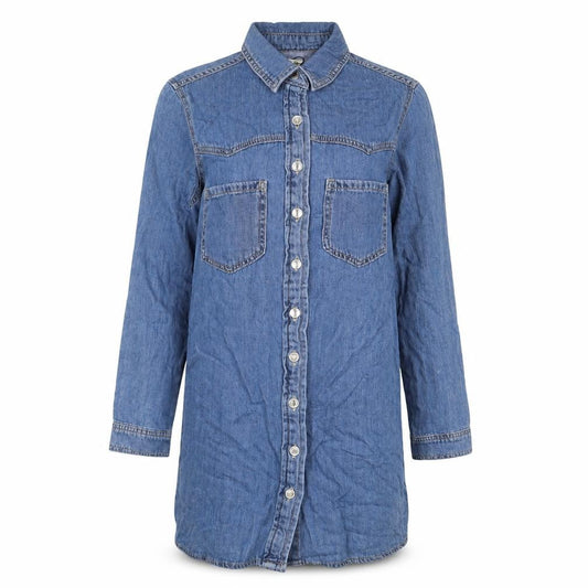 Front view of Denim & Co. women’s blue cotton a-line, size UK 6, collared button
