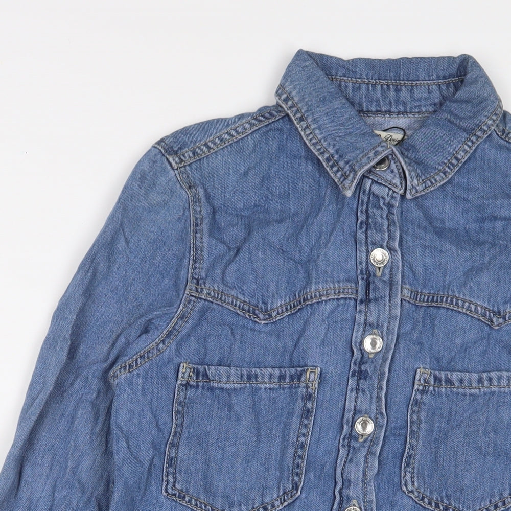 Denim & Co. Womens Blue Cotton A-Line Size 6 Collared Button