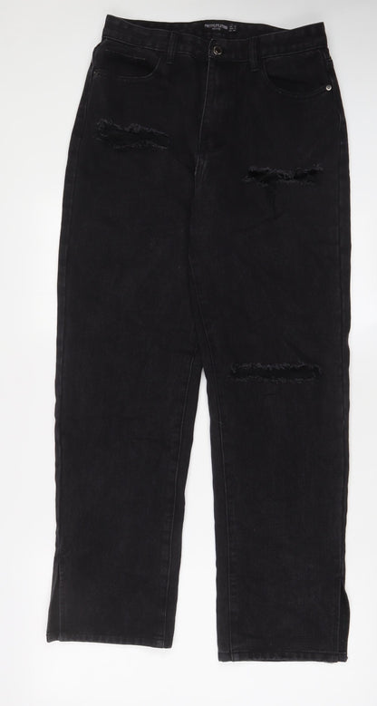 PRETTYLITTLETHING Womens Black Cotton Wide-Leg Jeans Size 12 L30 in Regular Zip