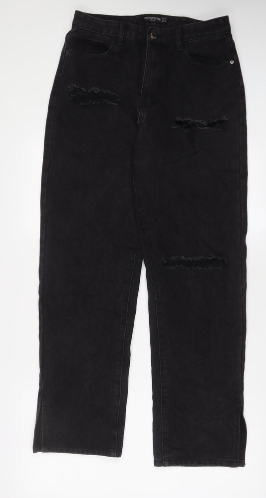 PRETTYLITTLETHING Womens Black Cotton Wide-Leg Jeans Size 12 L30 in Regular Zip