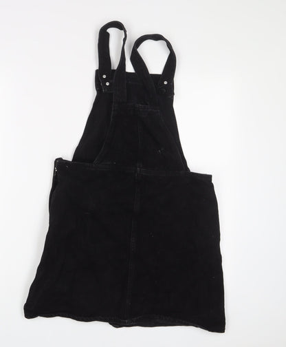 Monki Womens Black Cotton Pinafore/Dungaree Dress Size 10 Square Neck Zip
