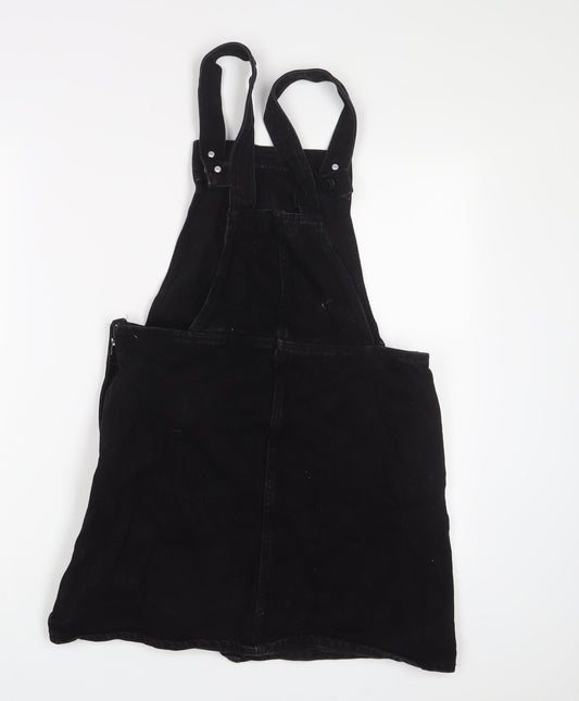Monki Womens Black Cotton Pinafore/Dungaree Dress Size 10 Square Neck Zip