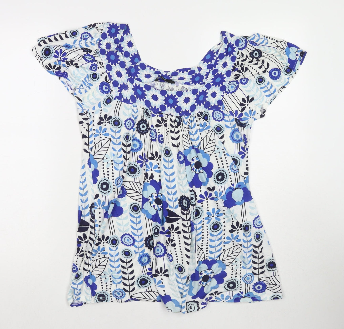 E-vie Womens Blue Floral Viscose Tunic T-Shirt Size 10 Round Neck - Size 10-12