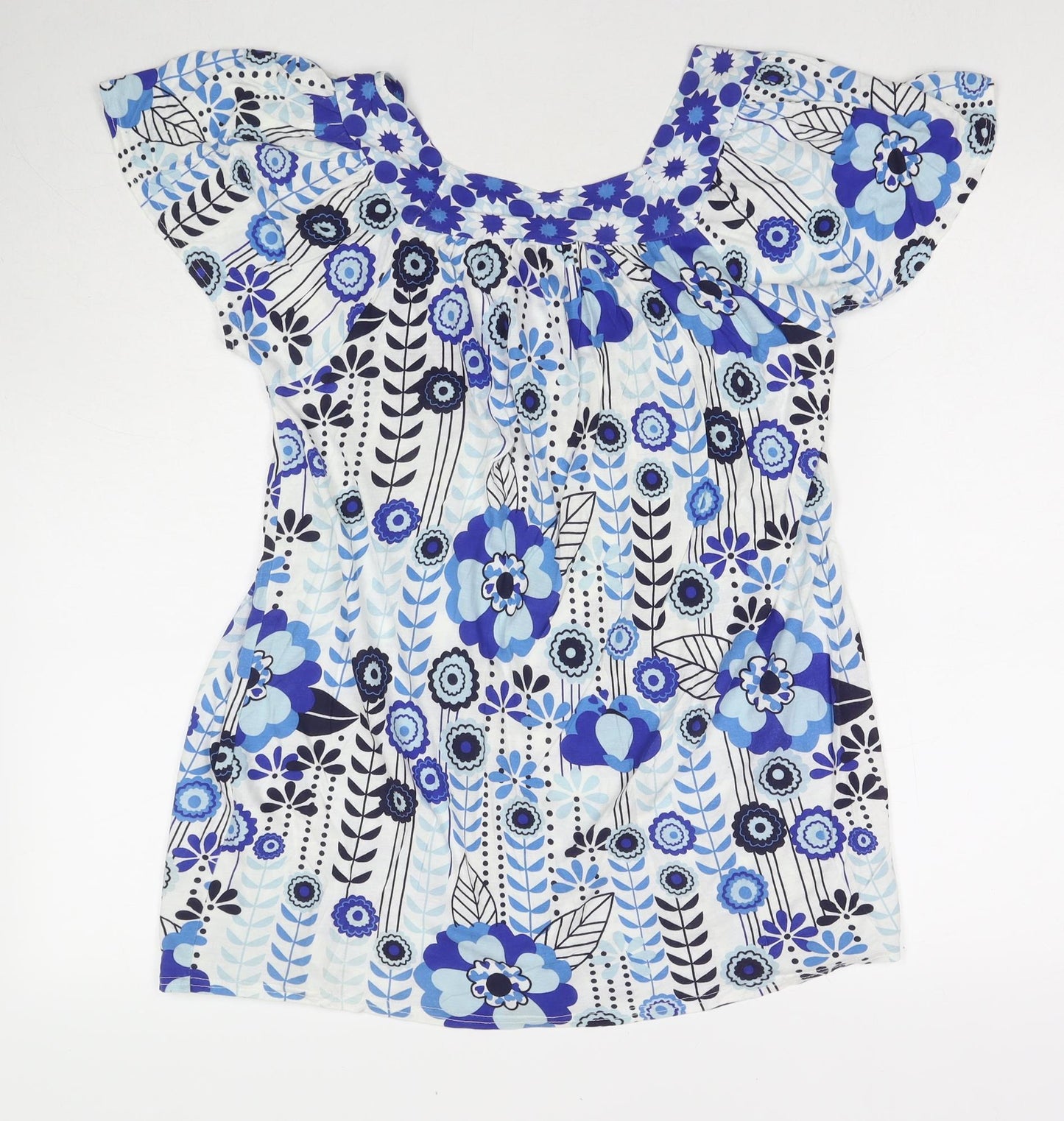 E-vie Womens Blue Floral Viscose Tunic T-Shirt Size 10 Round Neck - Size 10-12