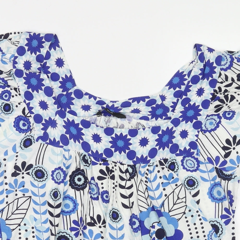 E-vie Womens Blue Floral Viscose Tunic T-Shirt Size 10 Round Neck - Size 10-12