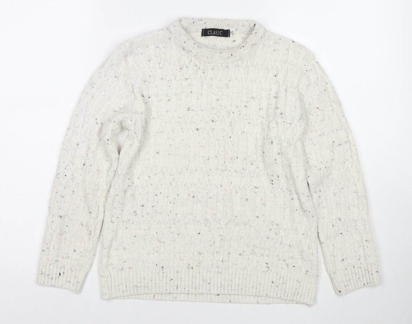 Classic Womens White Round Neck Acrylic Pullover Jumper Size L - Size L/XL