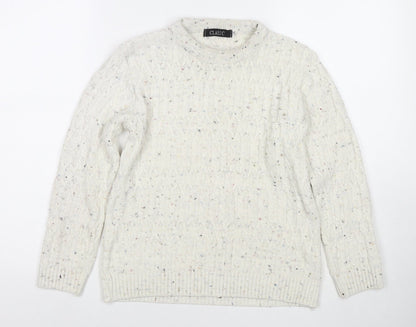 Classic Womens White Round Neck Acrylic Pullover Jumper Size L - Size L/XL