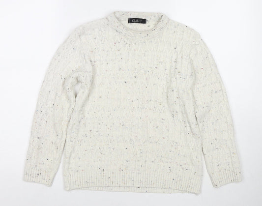 Classic Womens White Round Neck Acrylic Pullover Jumper Size L - Size L/XL