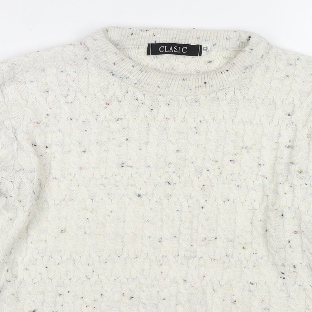 Classic Womens White Round Neck Acrylic Pullover Jumper Size L - Size L/XL