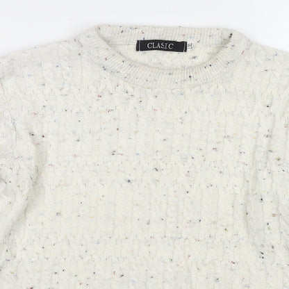 Classic Womens White Round Neck Acrylic Pullover Jumper Size L - Size L/XL