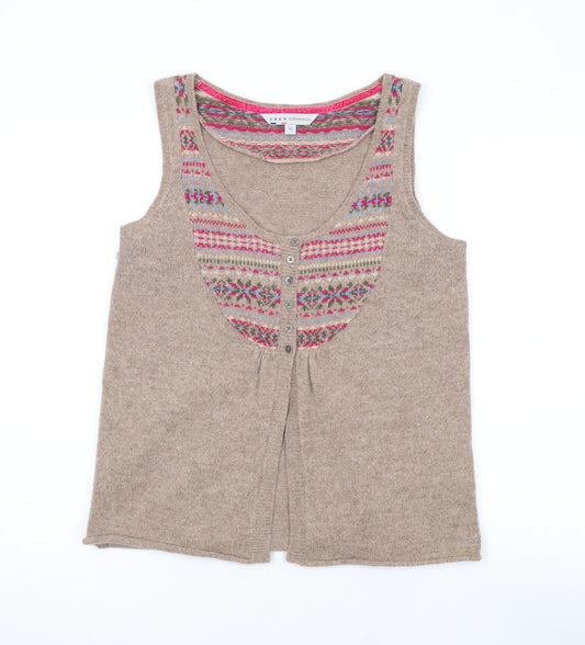 Crew Clothing Womens Brown Scoop Neck Geometric Wool Cardigan Jumper Size 10