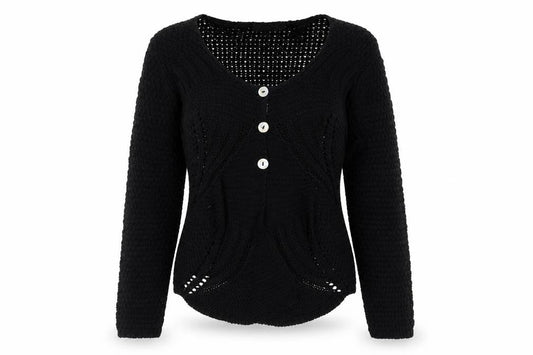 Front view of Alexara women’s black v-neck acrylic cardigan jumper, size S