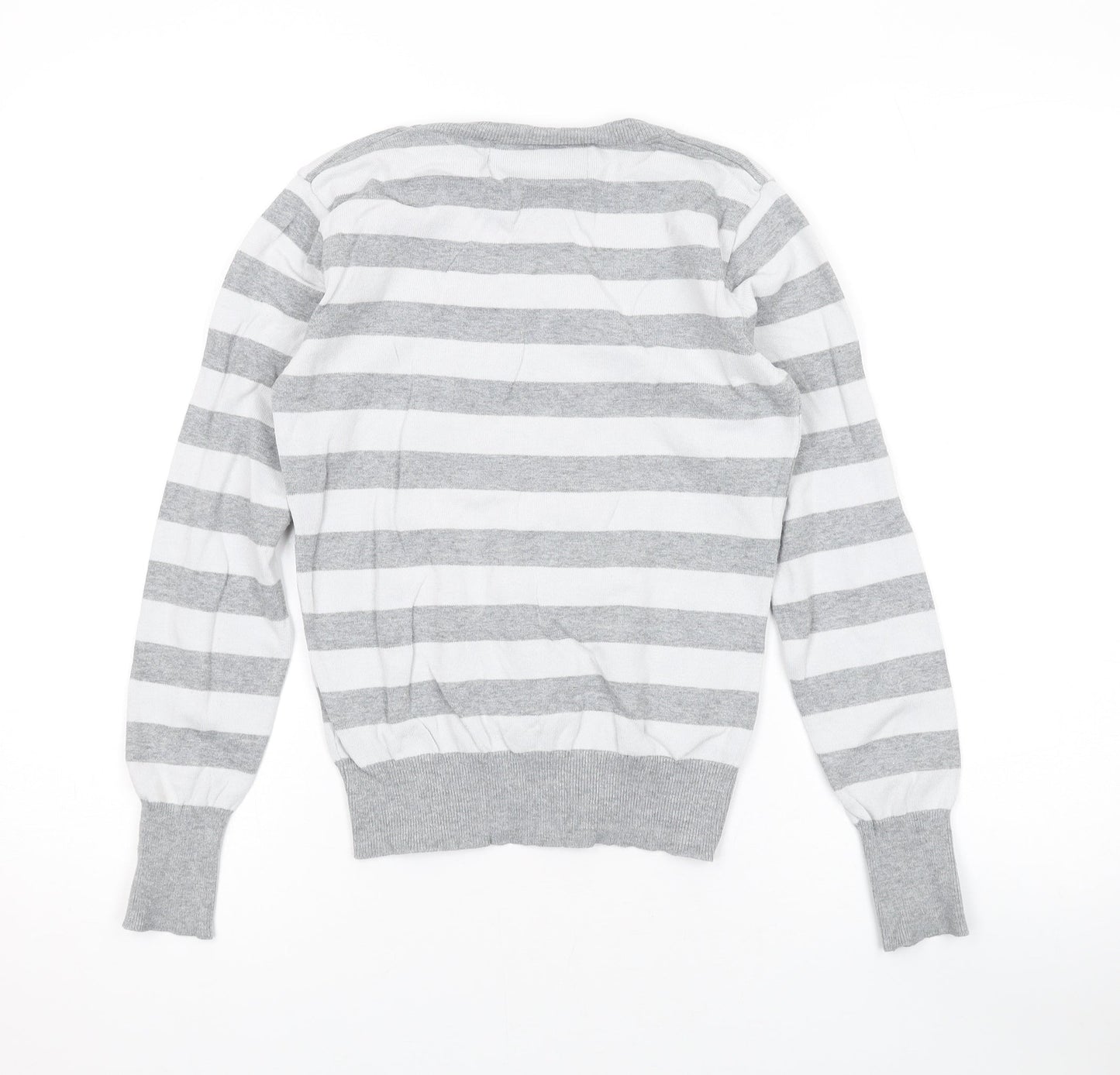Jessica Favourite Womens Grey V-Neck Striped Cotton Pullover Jumper Size S
