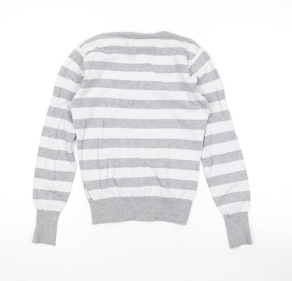 Jessica Favourite Womens Grey V-Neck Striped Cotton Pullover Jumper Size S