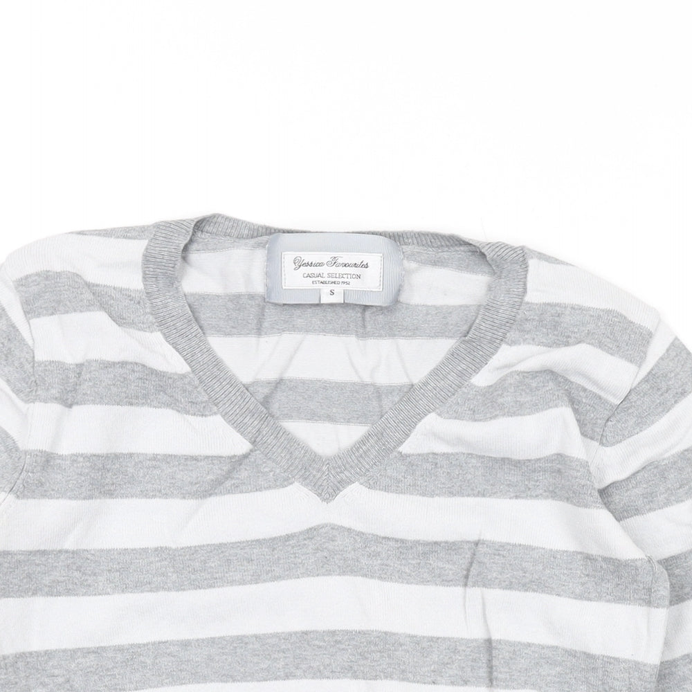 Jessica Favourite Womens Grey V-Neck Striped Cotton Pullover Jumper Size S