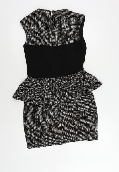 Mango Womens Black Geometric Viscose Pencil Dress Size XS Round Neck Zip - Peplum