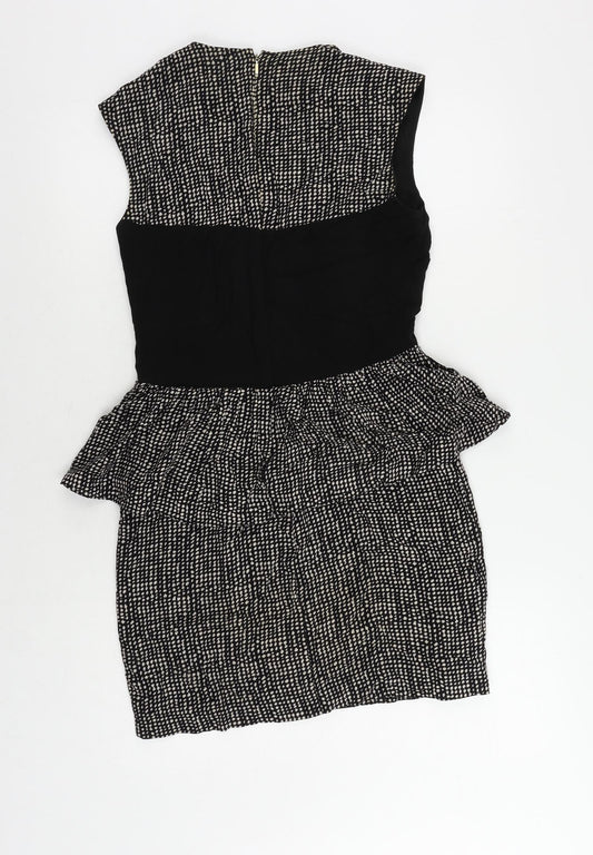 Mango Womens Black Geometric Viscose Pencil Dress Size XS Round Neck Zip - Peplum