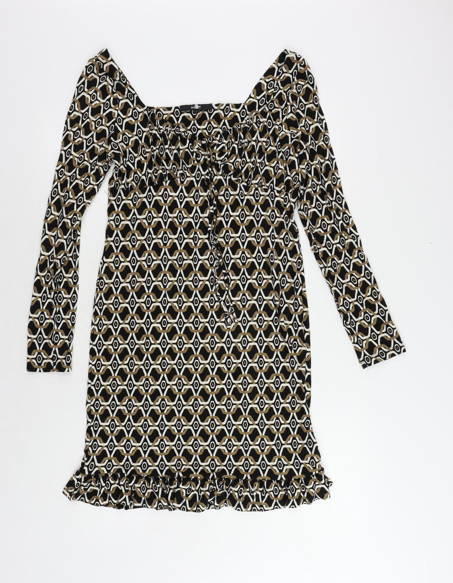 NEXT Womens Brown Geometric Viscose A-Line Size 8 V-Neck Pullover - Ruffle